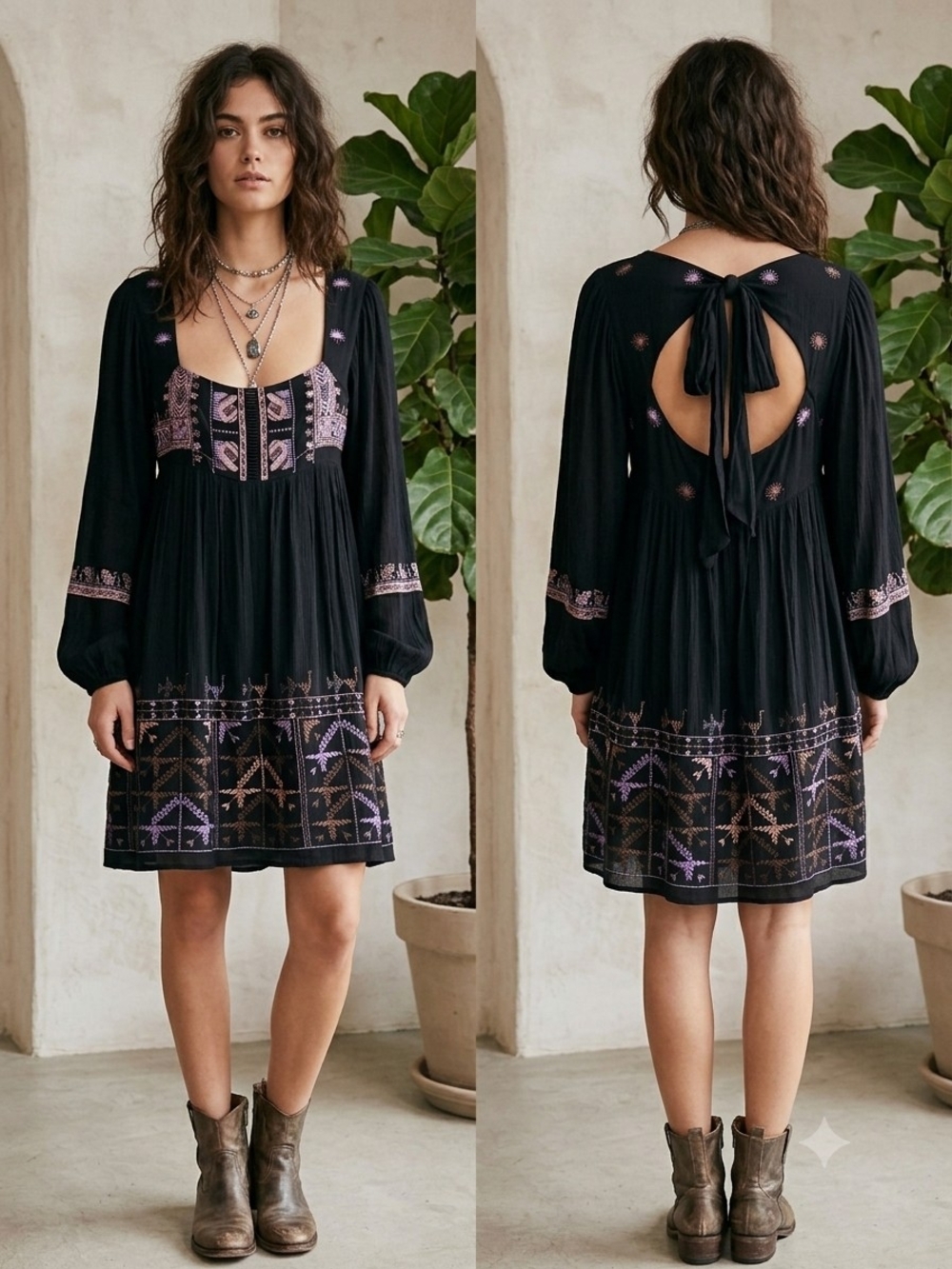 Free People Embroidered Cutout Tie-Back Boho Mini Dress Black Purple No Size Tag